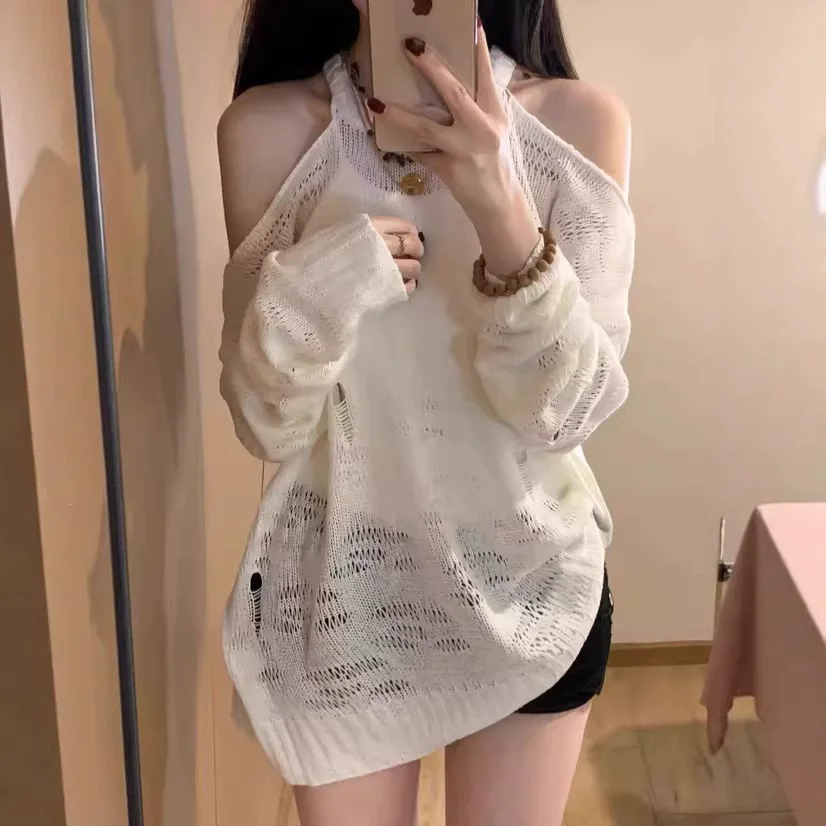 Women's Off-Shoulder Long Sleeve T-Shirt Loose Hollow Knitted Top Korean Fashion Pullover Thin Summer Top for Spring