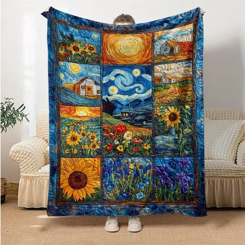 Coperta di flanella oversize Van Gogh Dimensioni multiple Stampa 2D Notte stellata Girasoli Tema Tessuto di flanella Viaggio a casa Campeggio Accogliente