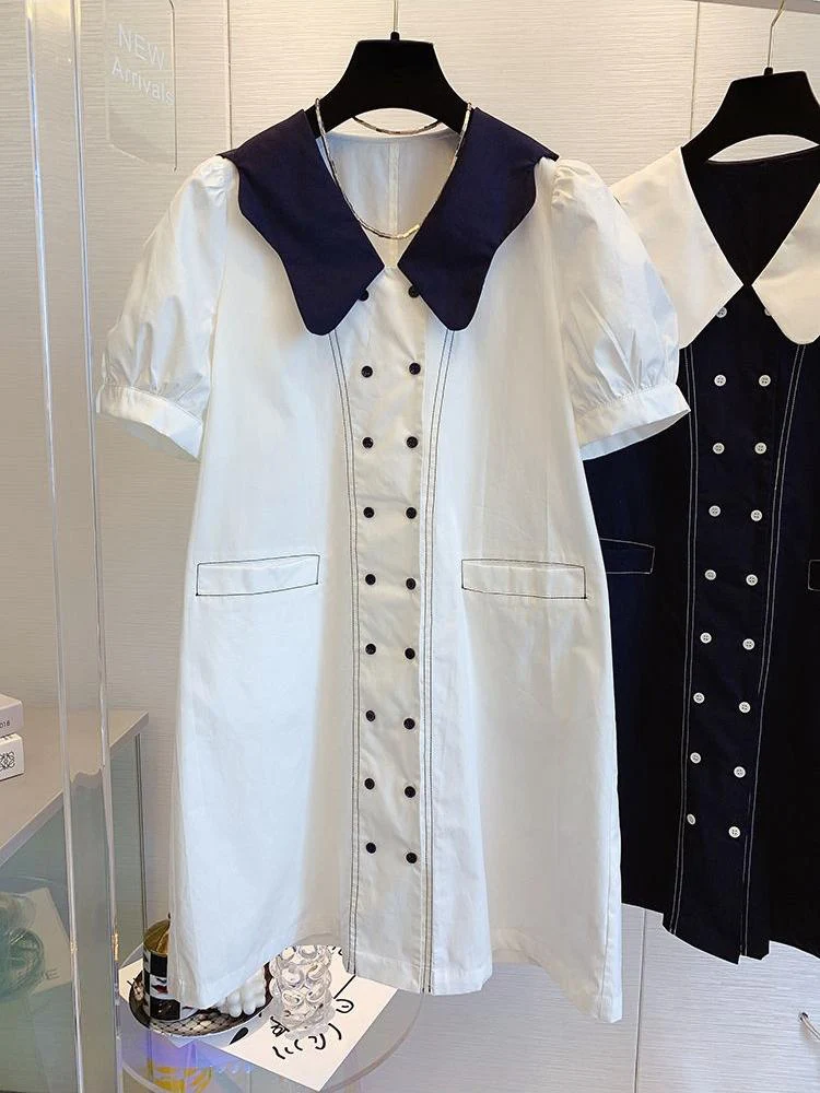 Korean Style Doll Collar Dress Summer New Niche Design Short Sleeve Dress Chic Loose Straight Double Breasted Dress