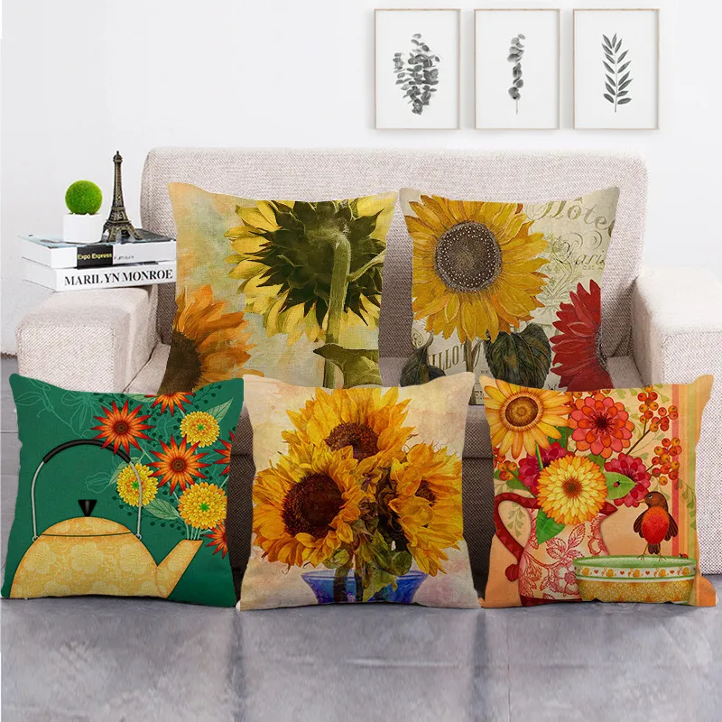 

Colorful Sunflower Pillow Case Summer Plant Linen Pillowcase Sofa Bed Garden Chair 45x45 Square Pillow Cover Room Aesthetics