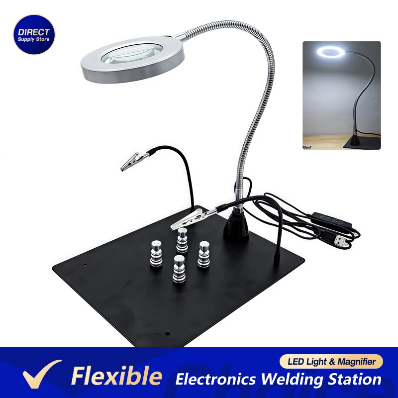 

Soldering Helping Hands with Magnetic LED Light & 3X Magnifier – Flexible Metal Arms PCB Holder for Electronics Welding Station
