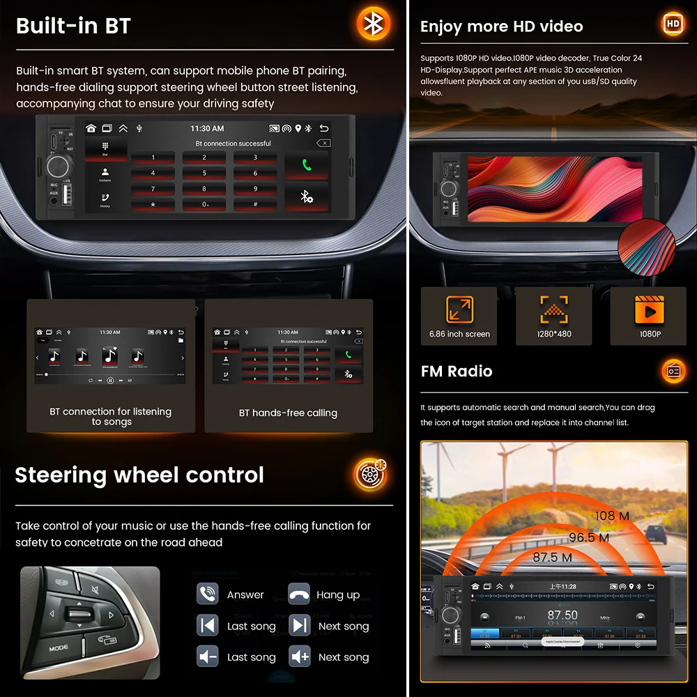 MEKEDE Universal 1din Car Radio 6.86 inch Multimedia Smart Screen Wired/Wireless CarPlay Andriod Auto BT USB TF FM Auto Radio