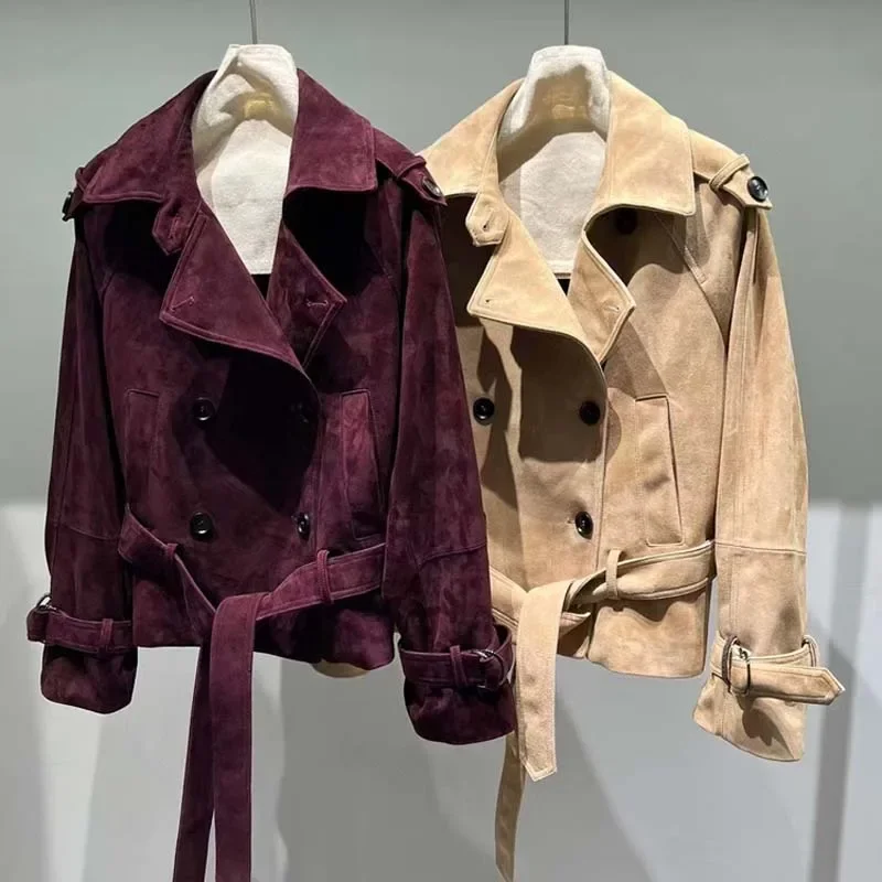 スエードレザージャケットターンダウン襟服女性コート春と秋の新着ショート女性服ベルト