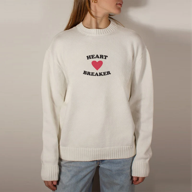 Casual Women's Long Sleeve Top Heart Breaker Letter Print Kintted Sweaters Harajuku Street Knitwear Couple Sweater Gothic Autumn