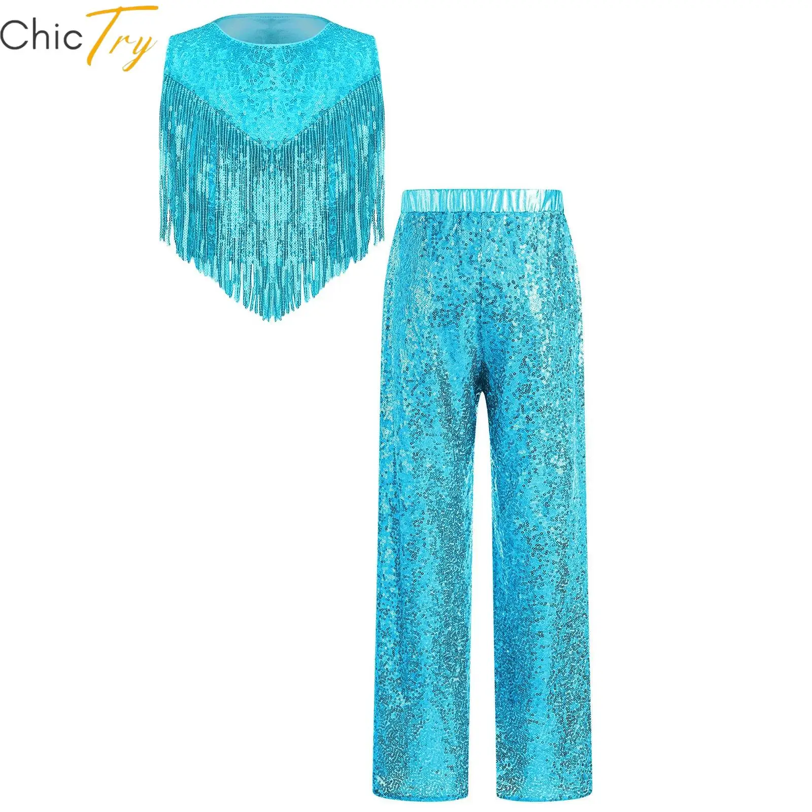 

Детские комплекты из 2 предметов для диско-танцев 70-х годов для девочек, костюм для джазовых представлений, топ без рукавов с блестками и кисточками металлик