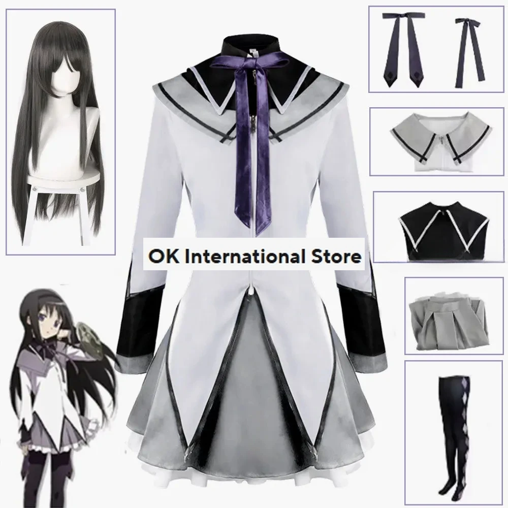 Anime Magical Girl Puella Magi Madoka Magica Homura Akemi Cosplay Costume Fighting Uniforms Wig Socks for Mahou Shoujo Comic Con