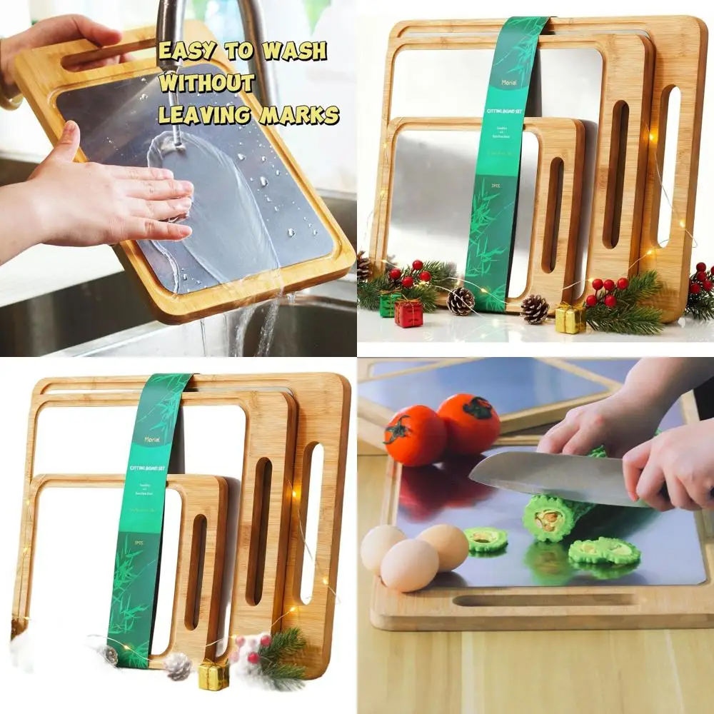 

Triple-Sized Bamboo & Steel Chef's Cutting Boards with Juice Groove - Perfect for Meat, Veggie, Fruit Prep & Gifts
