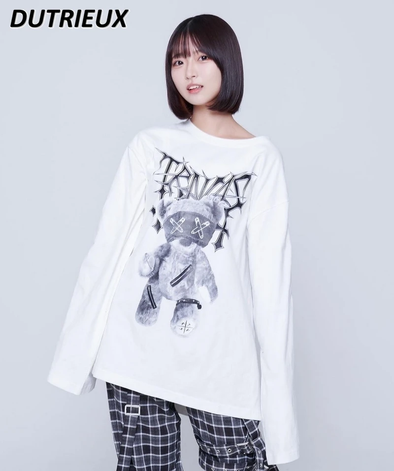 Japanese Harajuku Mine Y2k Round Neck Tops for Women Metal Font Punk Cartoon Print Off-Shoulder Long Sleeve T-shirt Dress