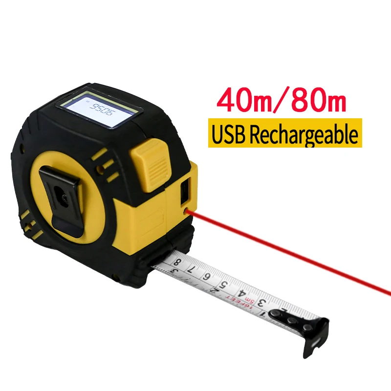 Telêmetro Laser Multifunções com Luz de Fundo Fita Recarregável Display Lcd Medida de Distância 80m 40m 5m