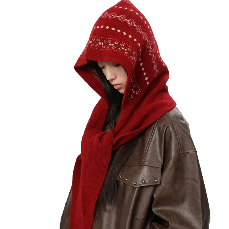 Windproof Knitted Balaclava Hat Pullover Design with Scarf Cap Red Fair Isle Pattern Creative Ear Protection Winter Hat