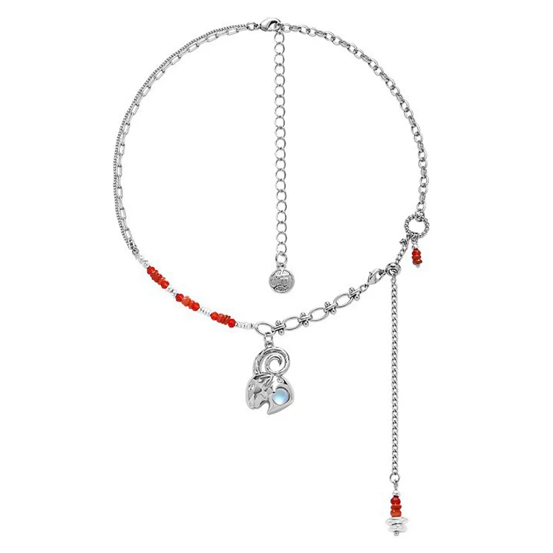 Eetit Popular Red Resin Moonstone Aries Tassel Chain Pendant Necklace Exquisite Zircon Zinc Alloy Stylish Jewelry Bijoux Femme