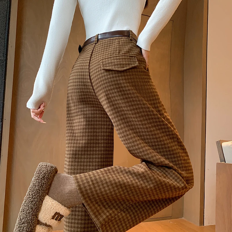 Wool Blend Ankle-length Pants Women High Waist Wide Leg Straight Pants Autumn Winter Warm Thick Plaid Pants Fashoin Boot Pants