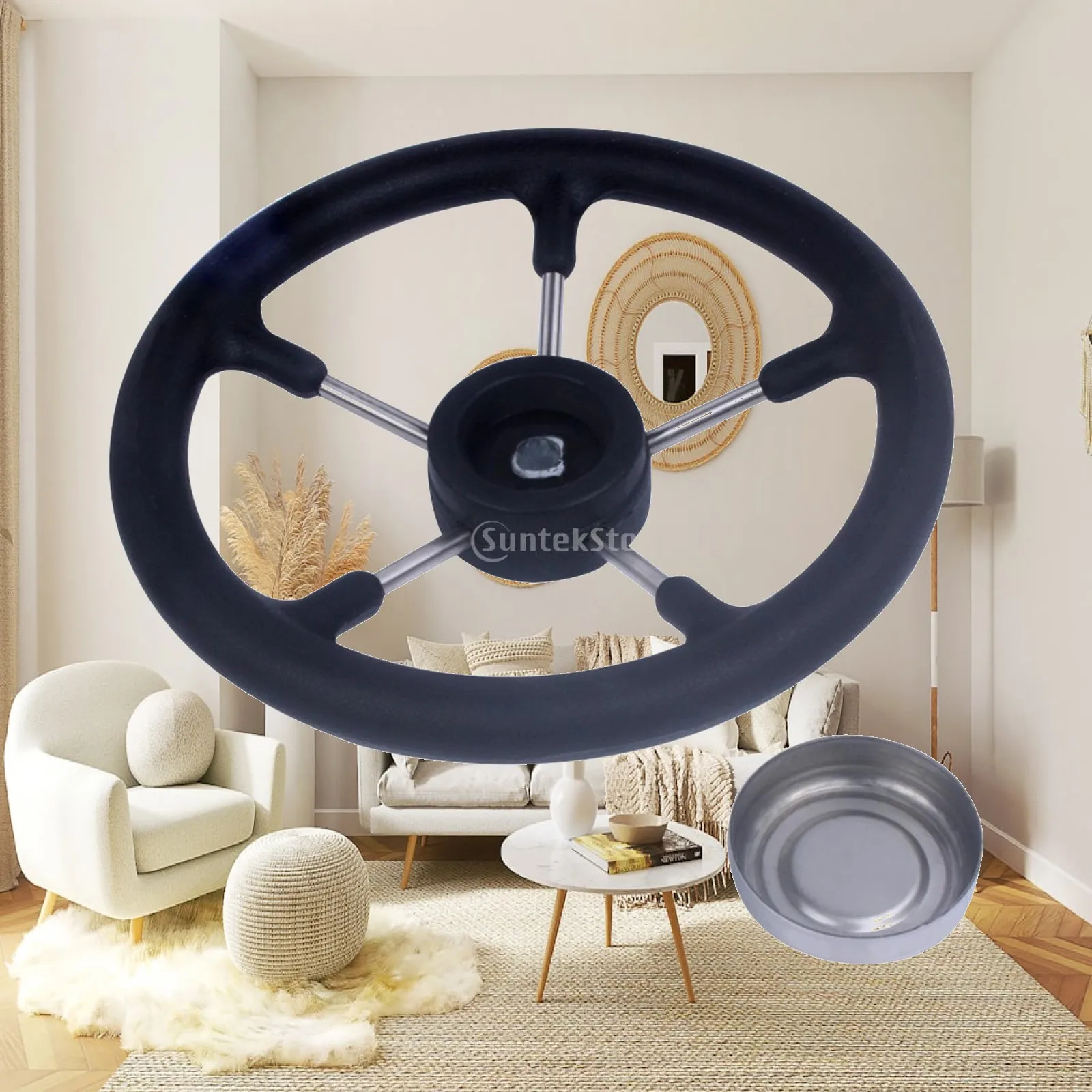 Black Polyurethane Grip Boat Steering Wheel Five Spoke Handle for Modular Fishing Boats and Marine Use