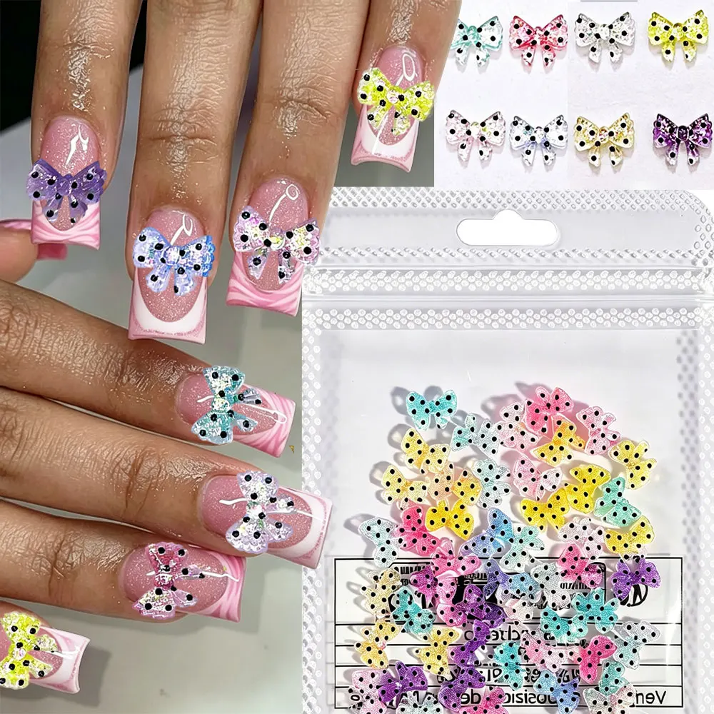 50pcs Cute Icy Clear Glitter Polka Dot Bow Nail Charms Multicolor Mini 3D Resin Bowknot Nail Ornaments DIY Nail Art Salon Crafts