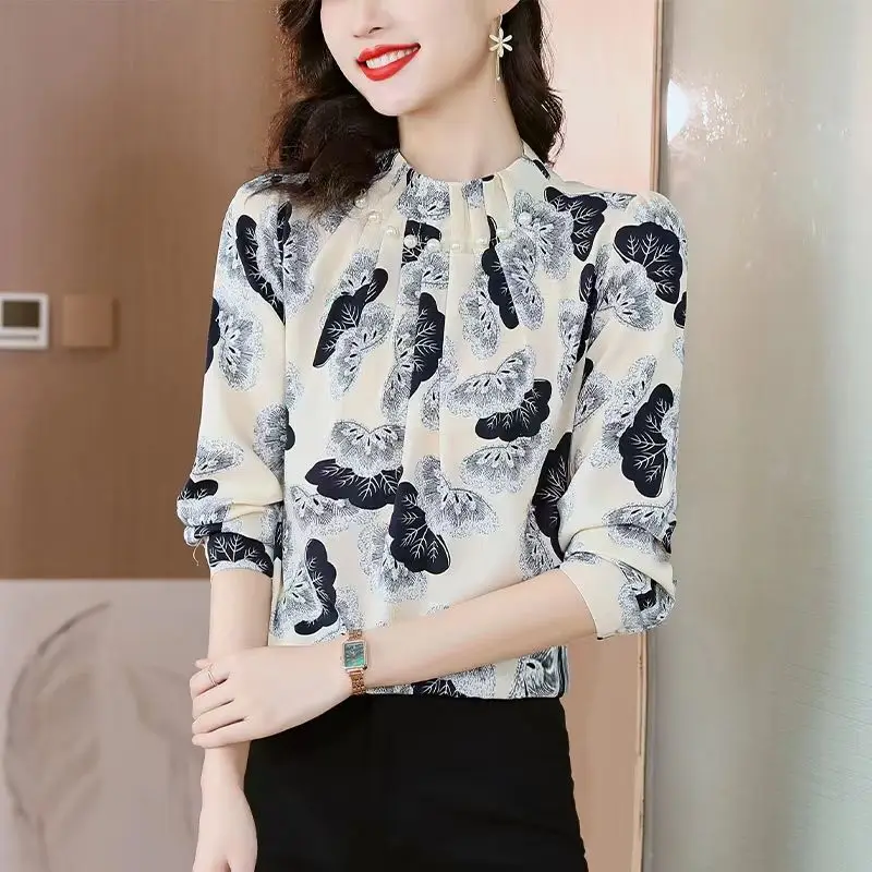 

Vintage Printed Stand Collar Folds Beading Chiffon Blouse Female Clothing 2023 Autumn New Casual Tops Office Lady Shirt