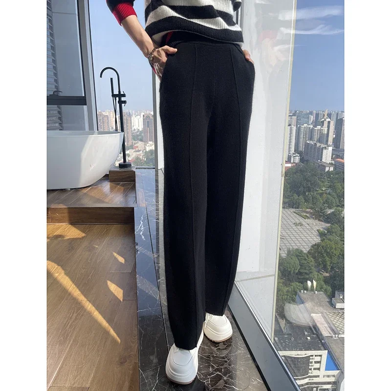 New 100% Cashmere Knitted Women\'s Wide Leg Pants Loose and Comfortable Autumn and Winter Women\'s Long Cashmere Wide Leg Pants