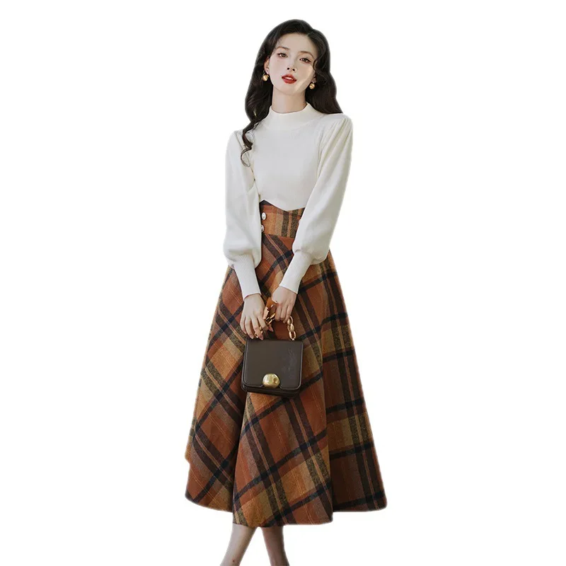 Autumn and Winter Vintage High Waist plaid Skirt Fashion vestido longo evangelico lady