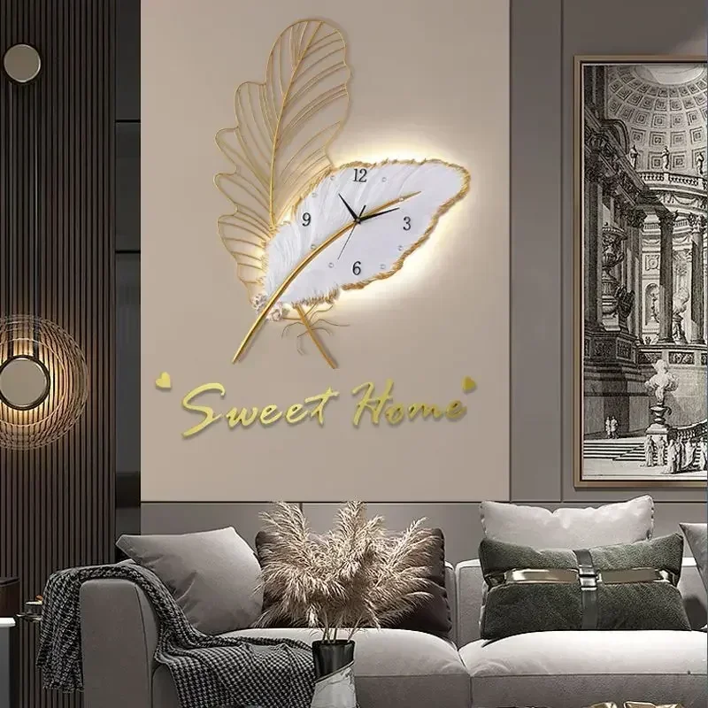 AZ Wall Clock Home Decor Light Luxury Feather Design Modern Living Room Decoration Digital Watch Hanging Timepiece Ornament