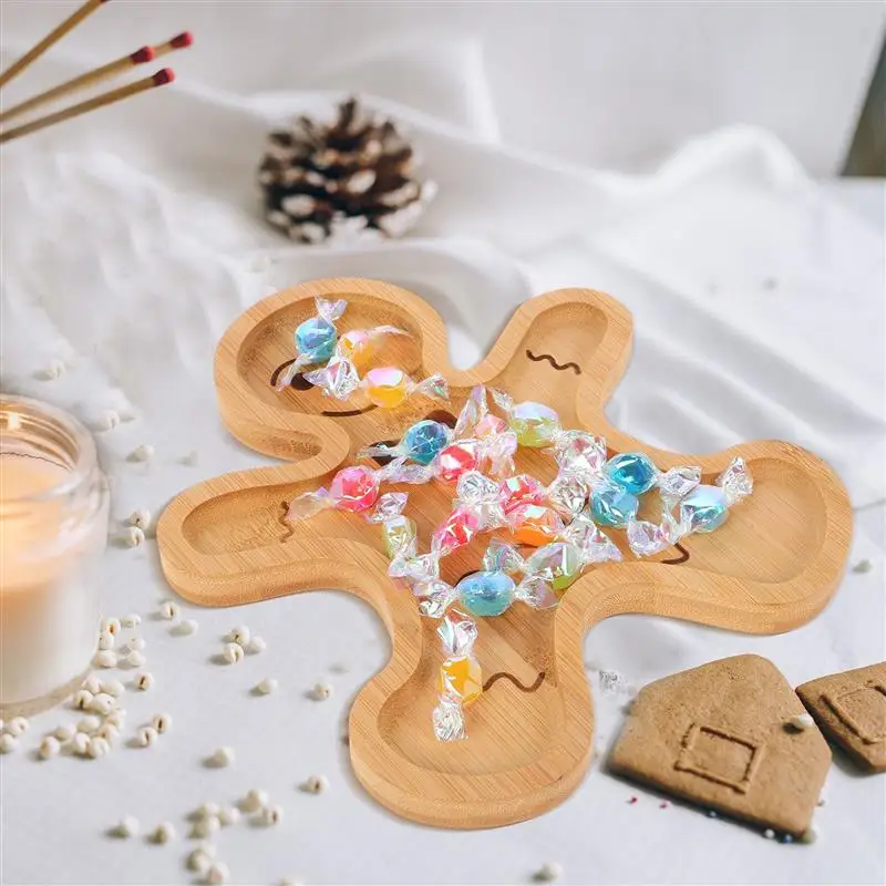 Bamboo Gingerbread Man Serving Tray Festive Holiday Treat Platter for Snacks Bread Fruit Creative Food Tray for Christmas Decor