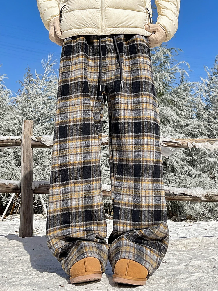 

Retro Plaid Fce Wide Leg Casual Pants Men's plus Size Loose Thi Winter Trousers Comfortable Polyester Fiber Skiing Warm