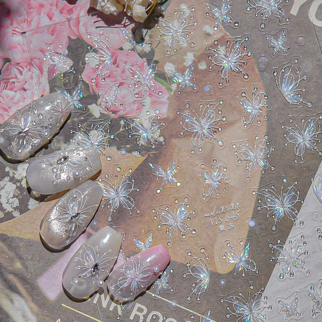 젤리 섬세한 나비 귀여운 별 몽환적인 라인 물방울 핑크 화이트 라이트 럭셔리 셀프 접착 네일 아트 스티커 매니큐어 데칼
