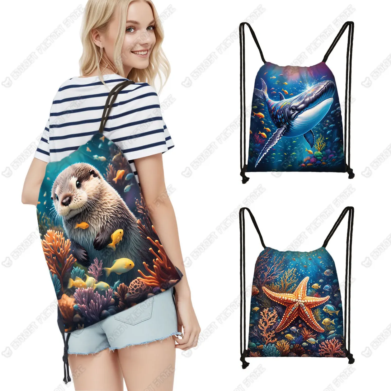 Sea Animal Otter Octopus Drawstring Bag Dolphin Jellyfish Backpack Turtle Seal Shoes Storage Bags Bookbag Shoes Holder