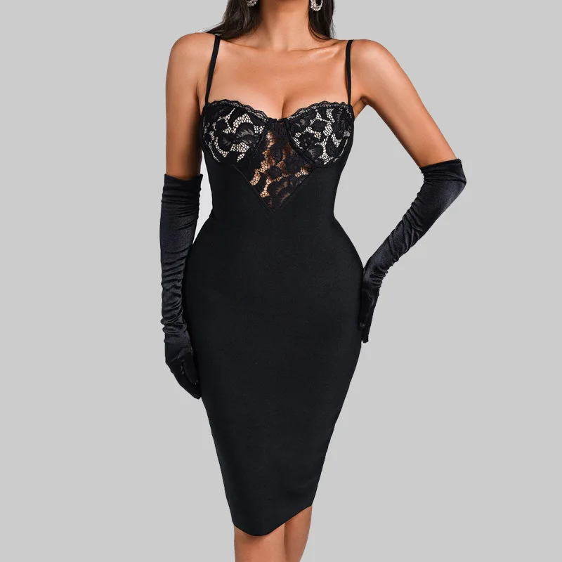 Sexy Sleeveless Lace StrapPatch Bandage Dress Cross Border Women Bodycon Black Knee length Dress Cocktail Evening Party Vestidos