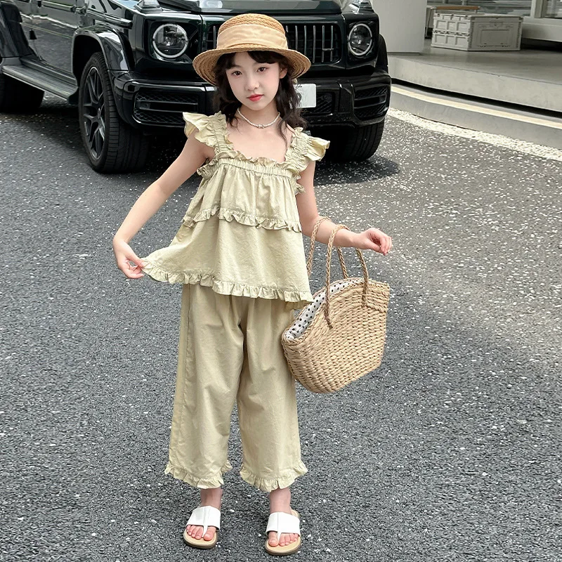 Girls Suit 2024 Summer New Childrens Dress Girl Baby Sweet Flying Sleeve Halter Top Lace Wide-leg Pants Two-piece Casual Simple