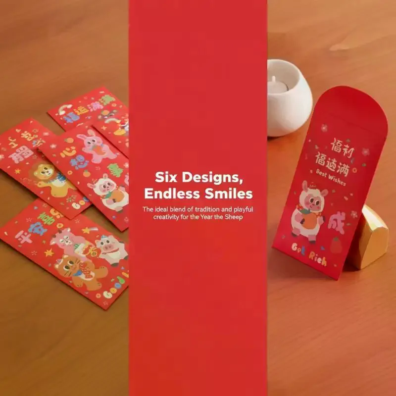 

2027 Year of The Sheep Lucky Red Envelopes 6Pcs Traditional Chinese Pockets for Spring Festival Family Gifting