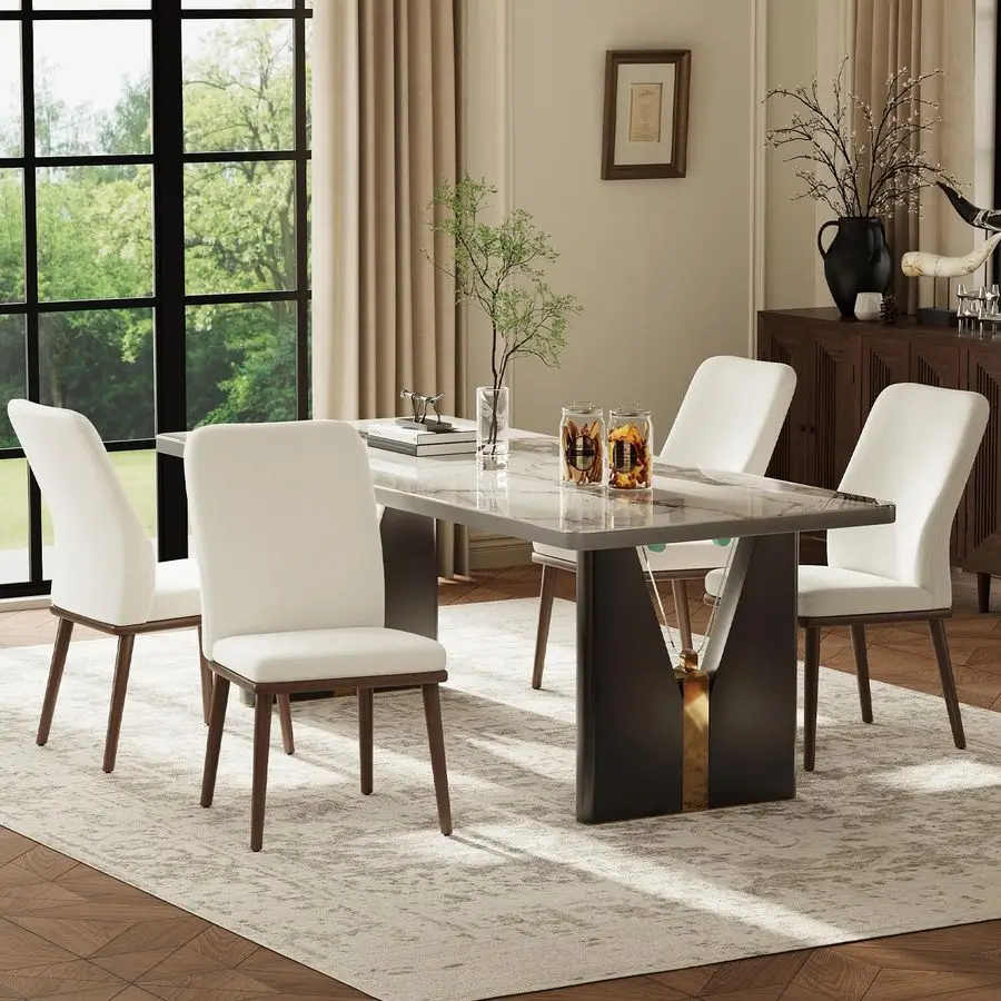 

Dining Chairs Set of 4, Modern Fabric Upholstered Chair with Wooden Legs for Kitchen Dining Room and Cafe, Beige