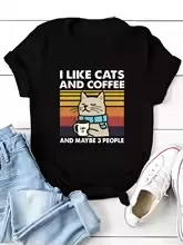 

Cat & Coffee Print T-shirt, Casual Crew Neck Short Sleeve T-shirt, Women's Clothing Round neckT-shirt Regular style Women's top