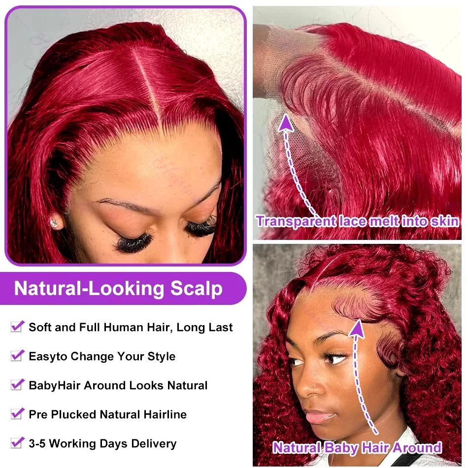 250% Brazilian 99J Burgundy 13x4 Deep Wave Frontal Wig Human Hair 30 inch Red Colored Curly 13x6 HD Lace Front Wigs For Women