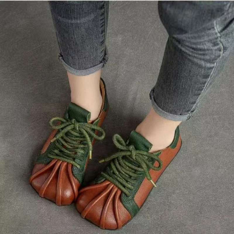 

Flats Casual Sneakers Women Sport Shoes Square Toe Soft Leather 2026 New Running Hiking Shoes Trend Lace-Up Comfort
