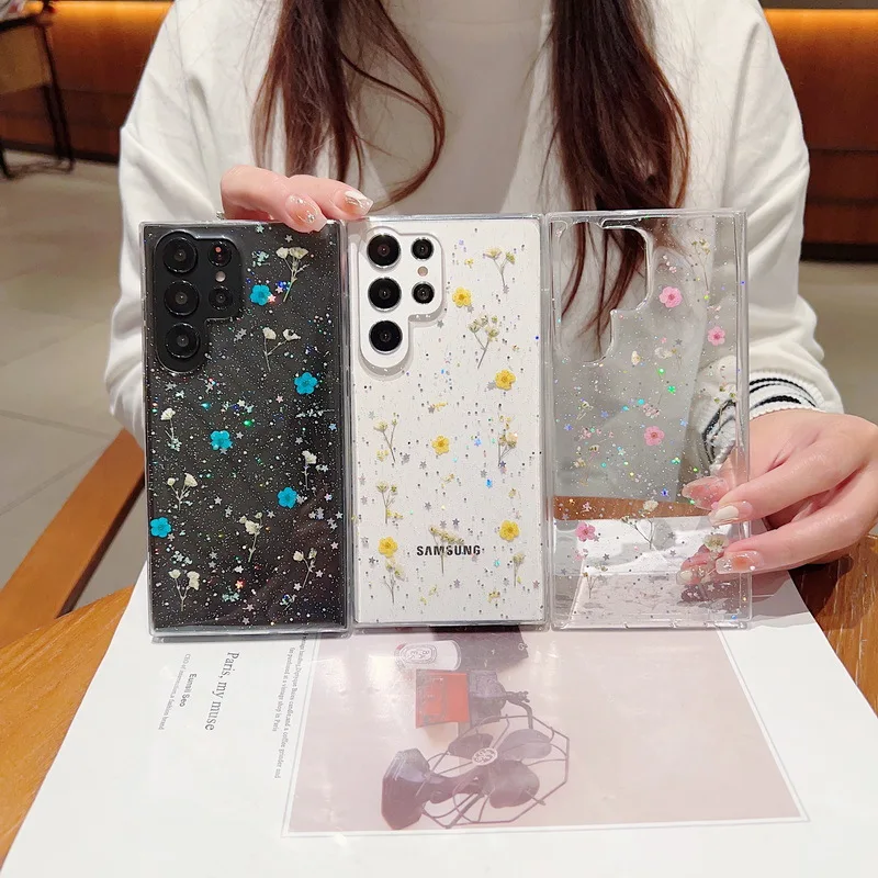 Dried Real Flower Bling Glitter Phone Case for Samsung Galaxy S20 FE S23 S22 S21 Plus Note20 Ultra A53 Transparent Clear Cover