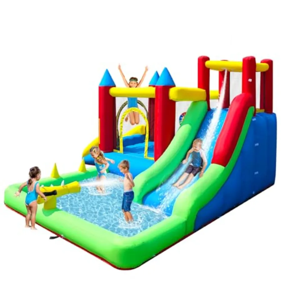 

9-in-1 Inflatable Bounce House with Water Slide for Ages 36 in Blue with Trampoline Climbing Wall Ball Pit and Play Cannon for