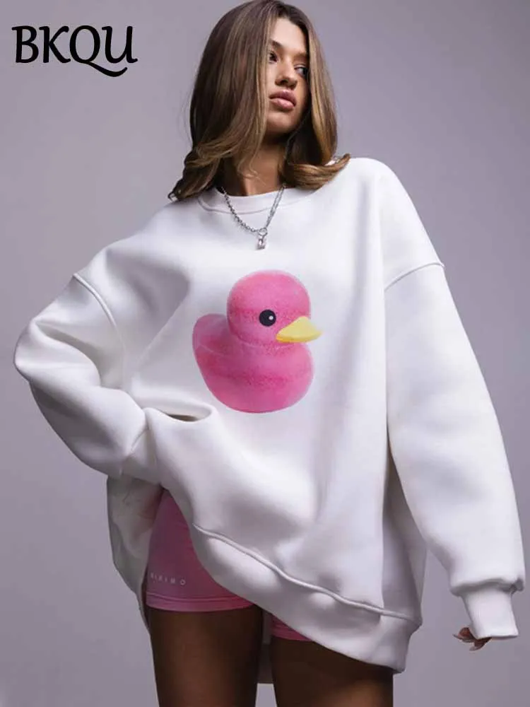

BKQU Casual Round Neck Sweatshirt Women's Loose Duck Print Long Sleeve Oversize Pullover Top 2025 Fashion Simple Lady Streetwear