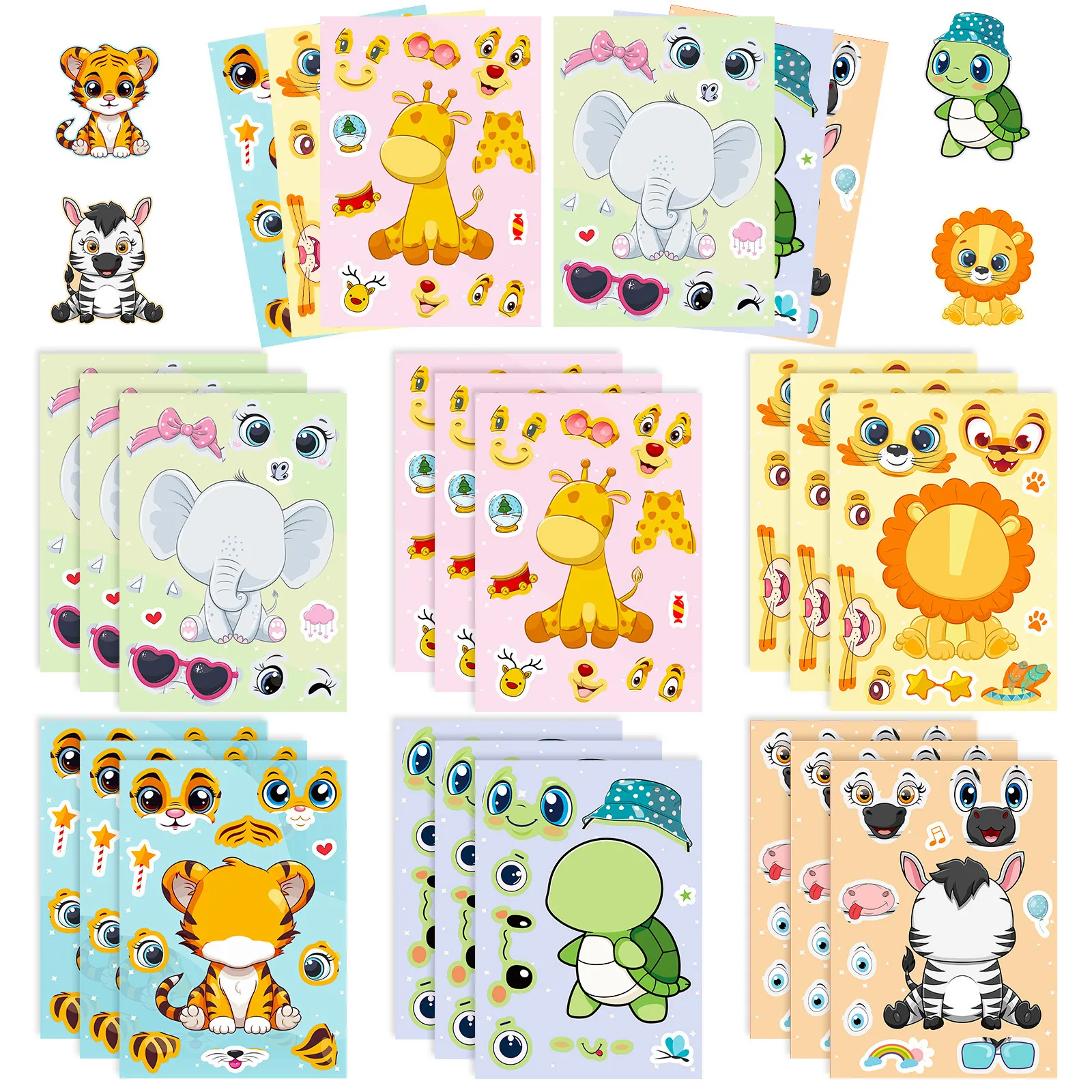 6Sheets Cute Children DIY Puzzle Sticker Games 6 Animals Make A Face Funny Assemble Jigsaw Stickers Kids Educational Toys