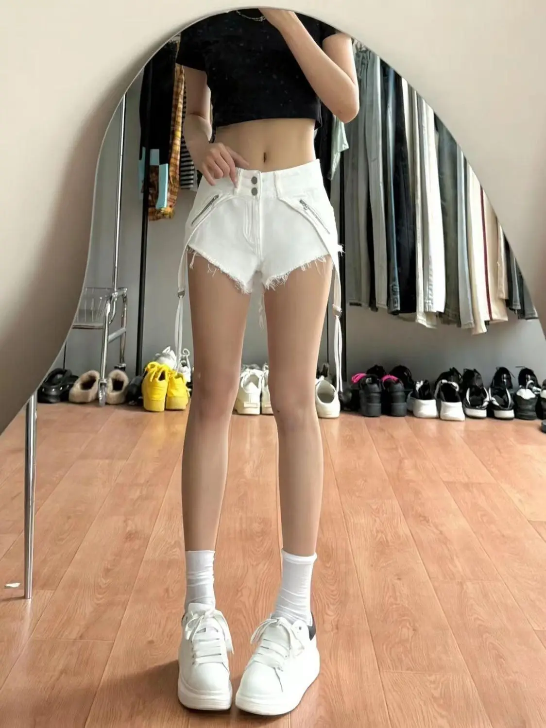 

Babes Show Legs Long Denim Shorts Women's Summer Irregular Bag Zipper Stitching Hot Pants