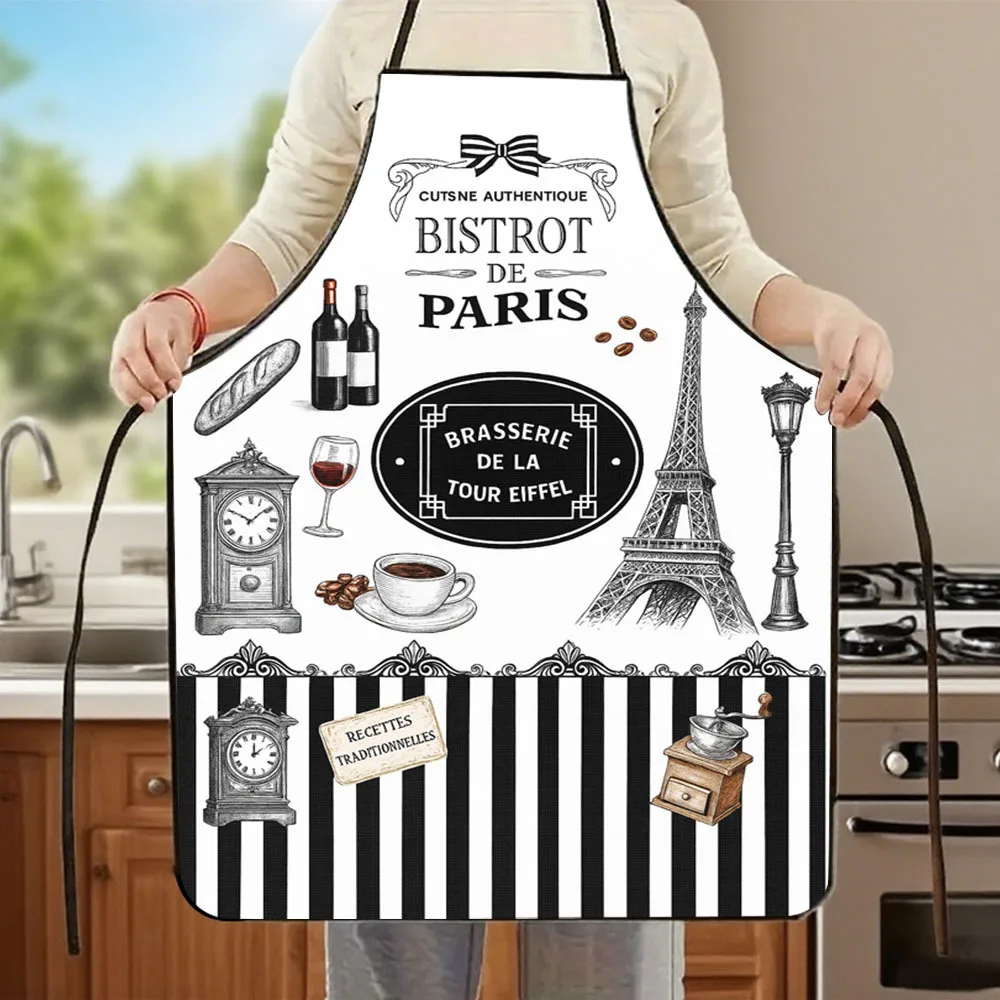 1pc Canvas Apron With Paris Bistro Eiffel Tower Design, Suitable For Home Cooking And Baking, A Great Gift For Couples, Made Of
