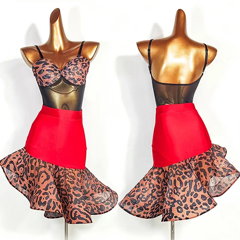Women Latin Dance Costume Performance Stage Outfit Leopard Red Leotard Flounce Dance Skirt Latin Dancewear Training Clothes 5761