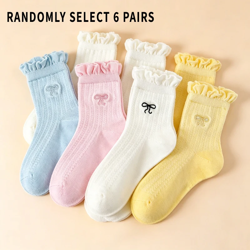 4 Pairs Girls Summer Mesh Socks Cute Bow Embroidery Ruffle Cuff Mid‑Calf Socks Soft Breathable Kids Socks Assorted Colors