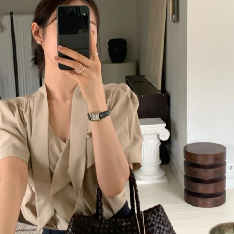 

2Colors Summer 2026 French Style Lace Up Short Sleeve Shirt Loose Korea Elegant Blouse Female Outwear tops(C33700