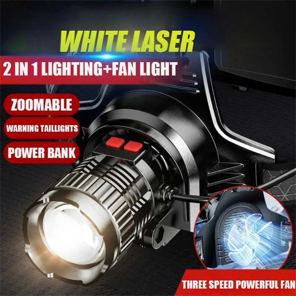 High Power Strong Light Headlight Long Range LED Headlamp With Fan Zoomable For Camping Fishing USB Charging Head Light