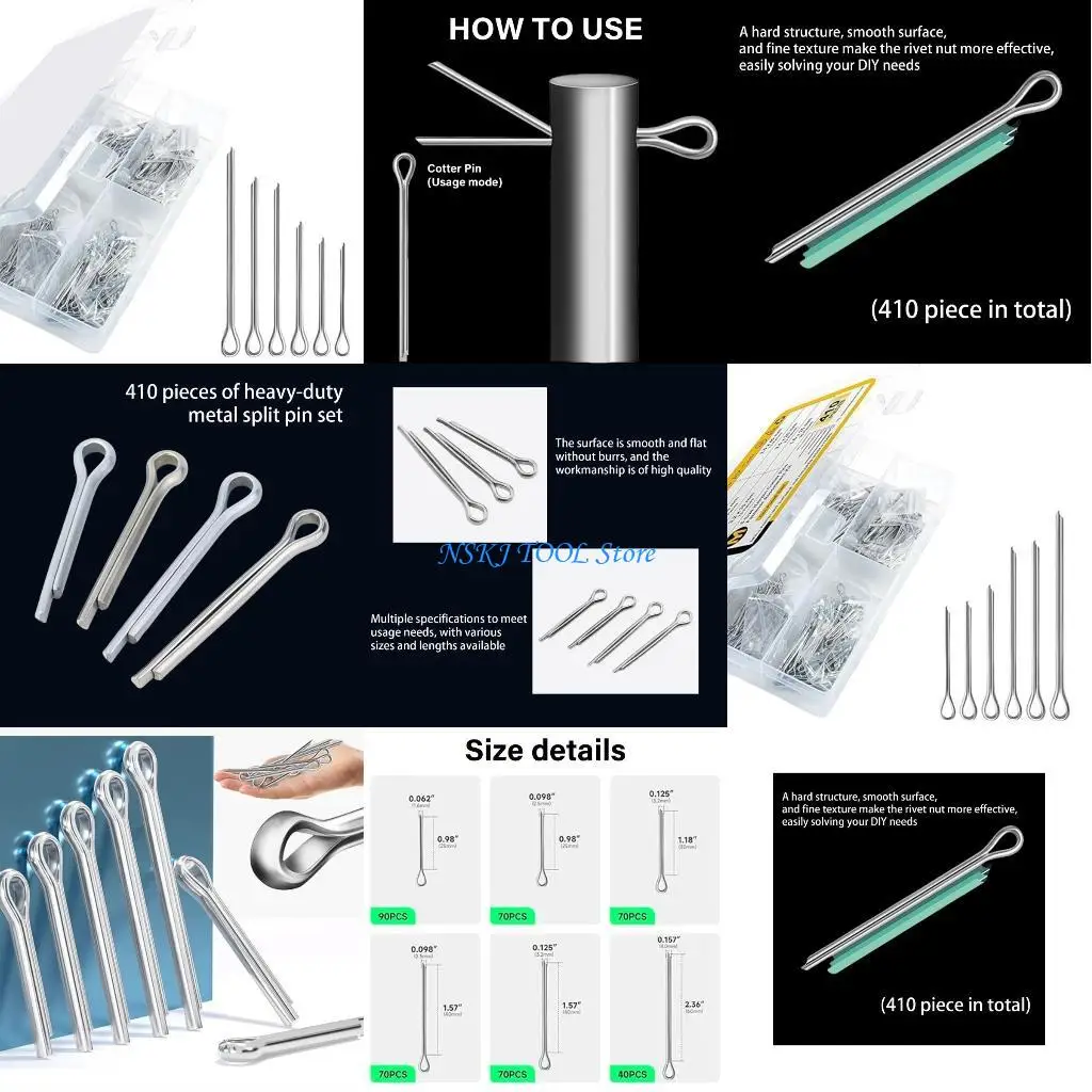 L8RC 410Pcs Hardware Pin Cotter Pin Heavy Duty Retaining Pin for Trailer Clamps