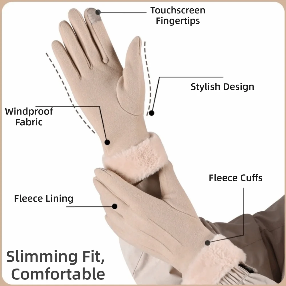 قفازات الشتاء الدافئة السميكة قفازات من جلد الغزال قفازات لمس سيدة