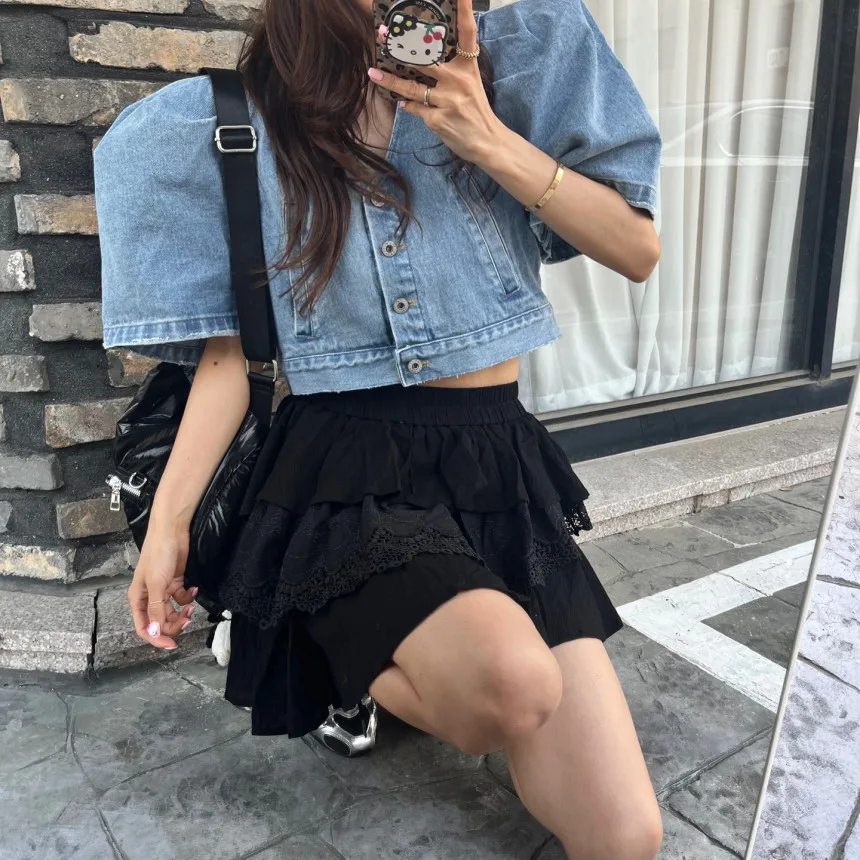 

Spring Autumn 2026 Faionable Korean Sle Bubble Sve V Ne ort Button up Denim Top Women's Stand Fit ort Coat
