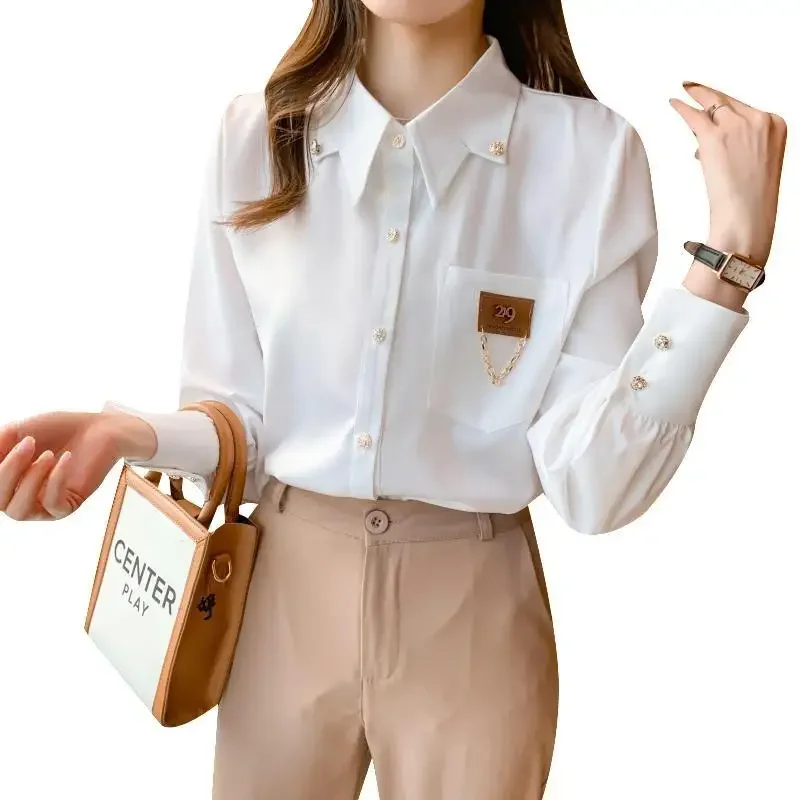 Spring Autumn New White Chiffon Shirt Tops Solid Color Polo Neck Long Sleeve Youth Blouse Temperament Elegant Women Clothing