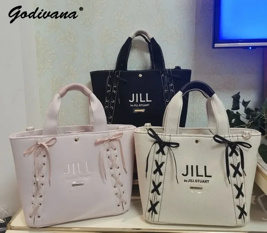 Japanese Style Lace Bow Canvas Women Handbag Fashion Sweet Crossbody Bag Casual Shoulder Bags Shopping Bags