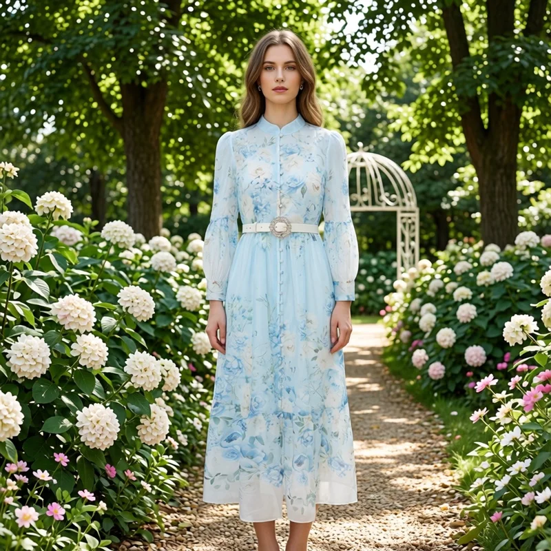 Elegant Countryside Style Dress with Stand Collar Large Floral Print Long Skirt for Holiday Photography  Casual Wear