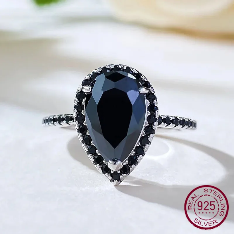 

Longlong Gold Jewelry European and American New 925 Silver 7 * 11 Pear Shaped Droplet Black Zircon Ring Vintage